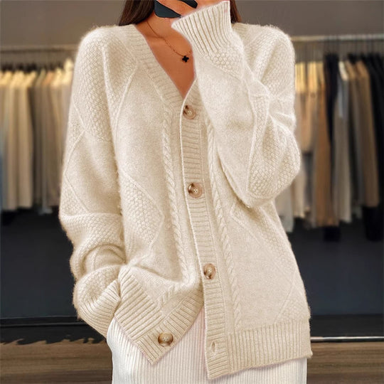 Damen nan Oversize Strickcardigan mit Zopfmuster V-Ausschnitt und Perlmuttknöpfen EB