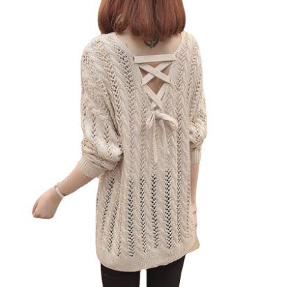 Damen Strickpullover mit elegantem V-Ausschnitt und lässigem Lochmuster EB
