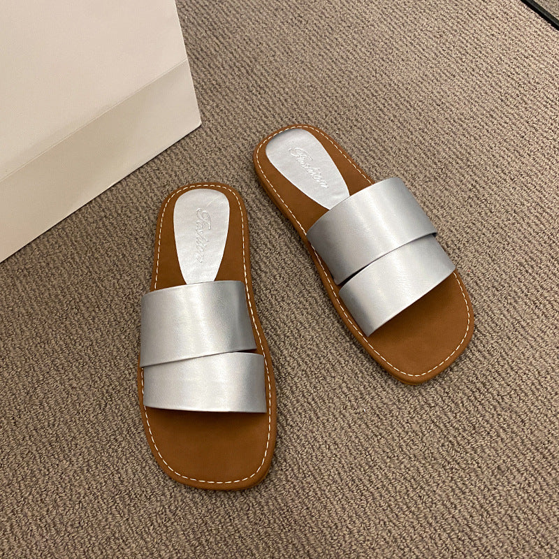Damen modische Slide-Pantoletten mit breitem Riemen und weichem Fußbett EB
