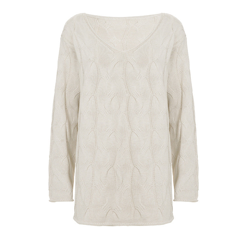 Damen nan lässiger Oversize-Strickpullover mit Zopfmuster und weitem V-Ausschnitt EB