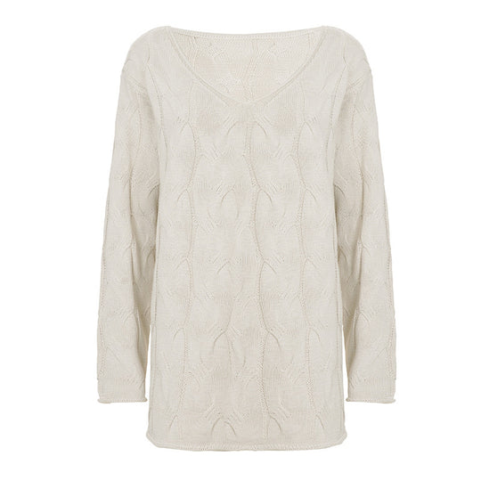 Damen nan lässiger Oversize-Strickpullover mit Zopfmuster und weitem V-Ausschnitt EB