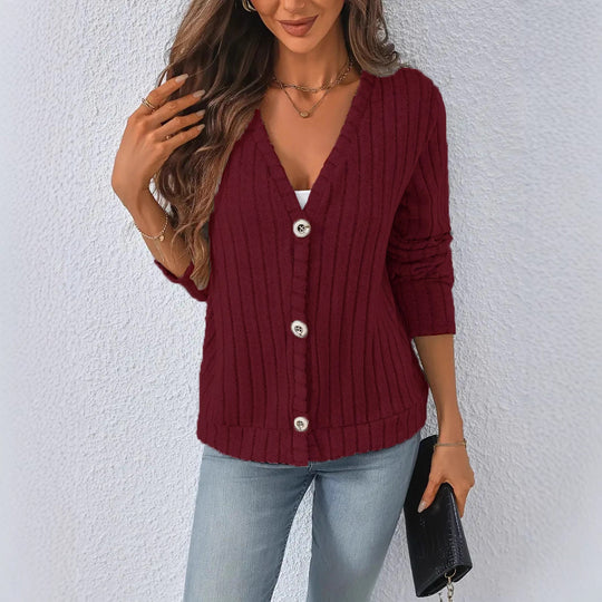 Damen nan gerippter V-Ausschnitt Strickcardigan mit dekorativen Knöpfen, leicht überschnittener Schulter und kastigem Saum EB