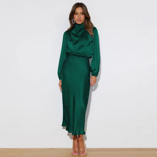 Damen Satin-Maxikleid mit hohem Kragen und Raffungen EB