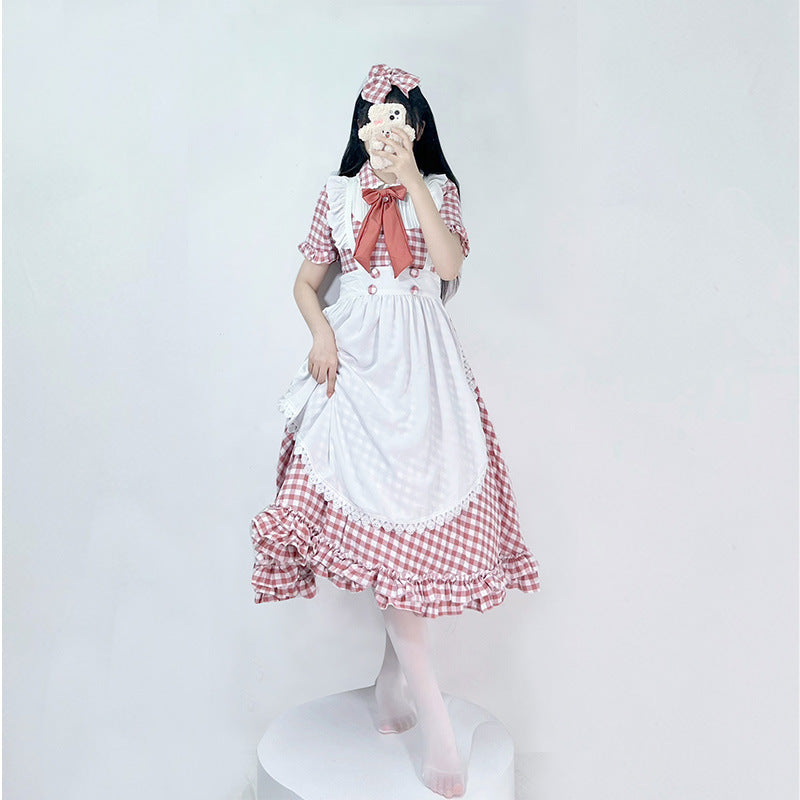 Damen nan vintage-inspiriertes Lolita-Kleid mit Karomuster Volants und abnehmbarer Schürze EB