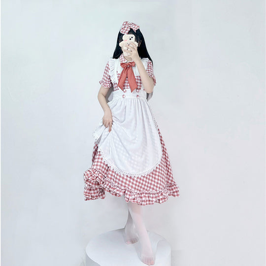 Damen nan vintage-inspiriertes Lolita-Kleid mit Karomuster Volants und abnehmbarer Schürze EB