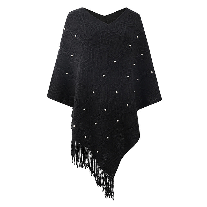 Damen eleganter Poncho mit auffälligem Strukturmuster und dekorativen Fransen EB