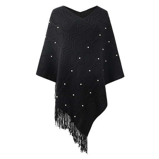 Damen eleganter Poncho mit auffälligem Strukturmuster und dekorativen Fransen EB