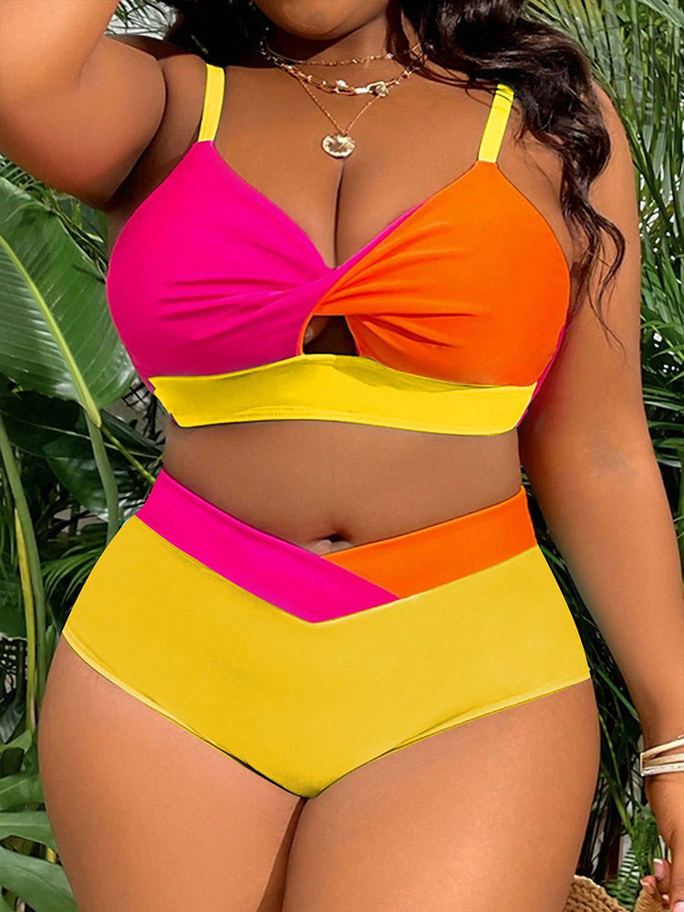 Damen hoch tailliertes Bikini-Set mit modischem Farbblock-Design EB