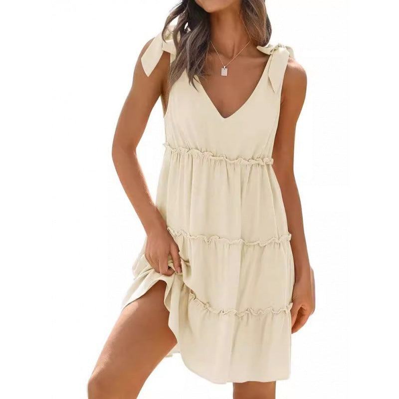 Damen lässiges V-Ausschnitt-Kleid mit Rüschendetails und verstellbaren Trägern EB