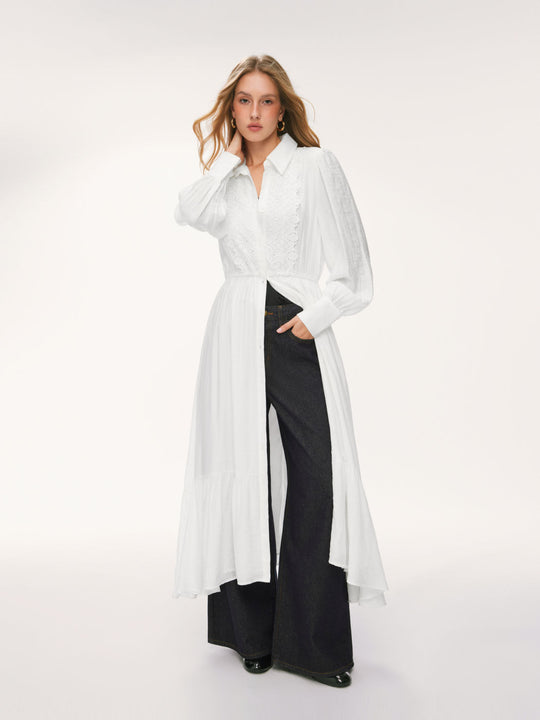 Damen Langes Hemdblusenkleid mit Spitzenbesatz, Taillierung und Stufenrock EB