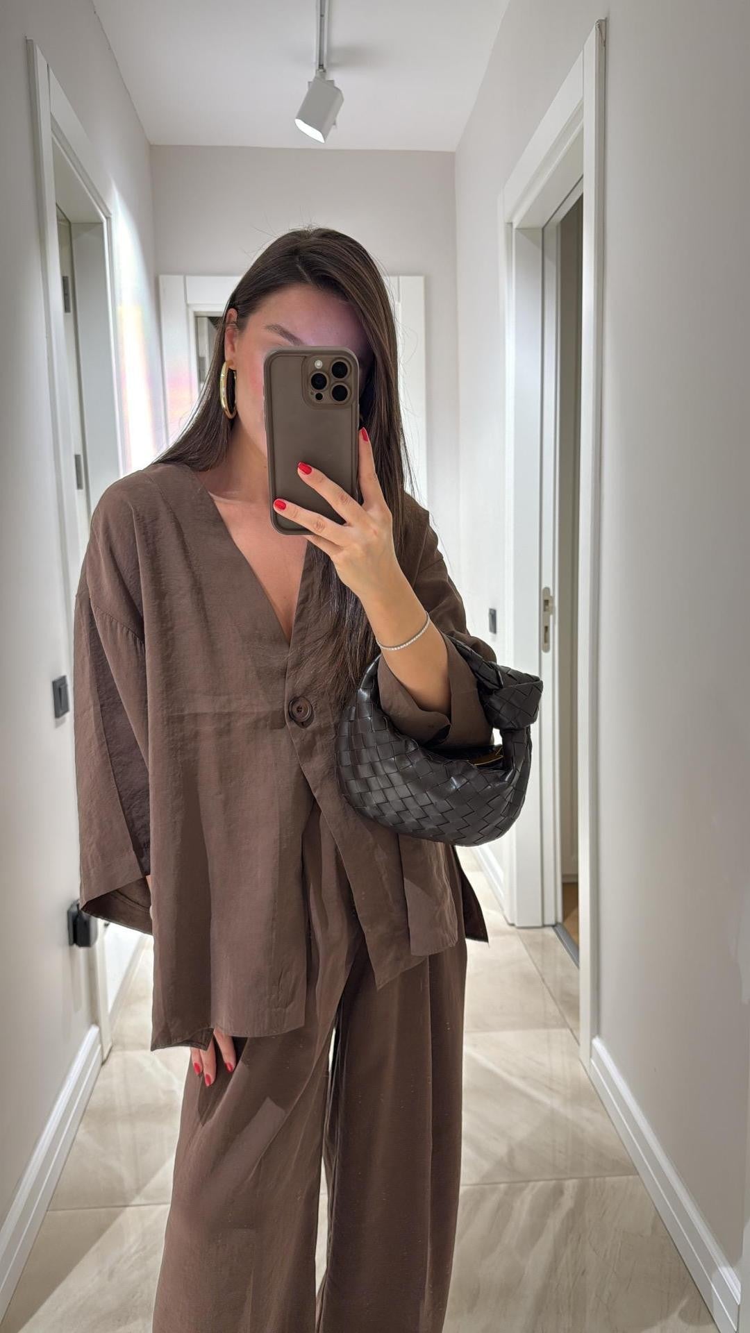 Damen nan lockeres Leinenoptik-Zweiteiler mit Kimono-Blazer und weitem Palazzo-Hose EB