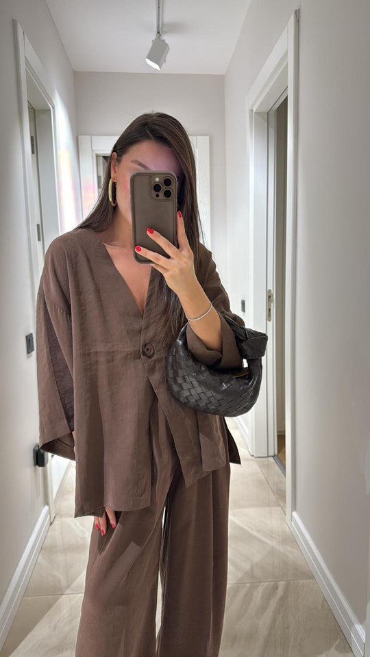 Damen nan lockeres Leinenoptik-Zweiteiler mit Kimono-Blazer und weitem Palazzo-Hose EB