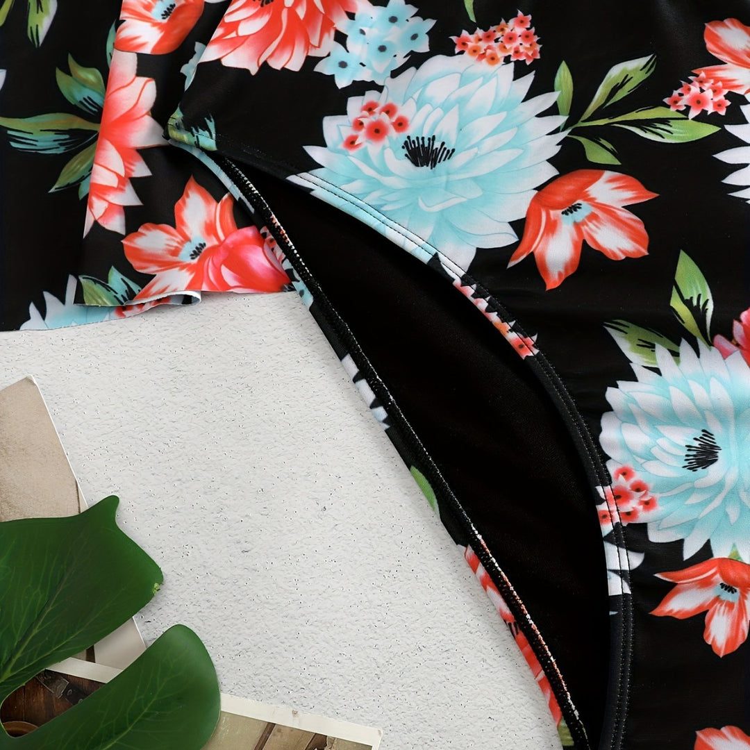 Damen Einteiler Badeanzug mit Rüschendetails und floralem Design EB