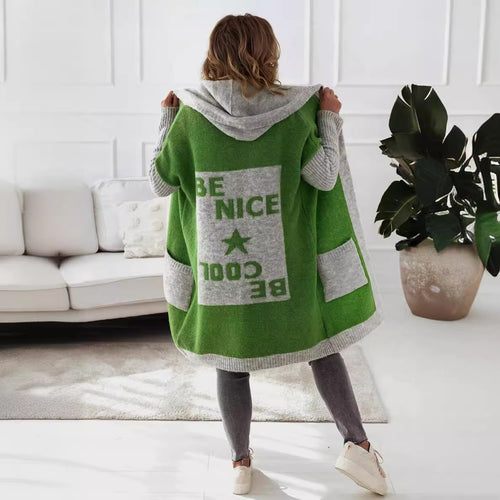 Damen Strickmantel mit Kapuze und modischem Farbblockdesign EB