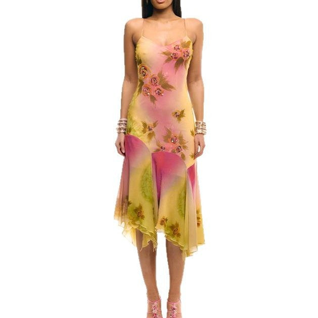 Damen Elegantes Maxikleid mit floralen Applikationen und asymmetrischem Saum EB
