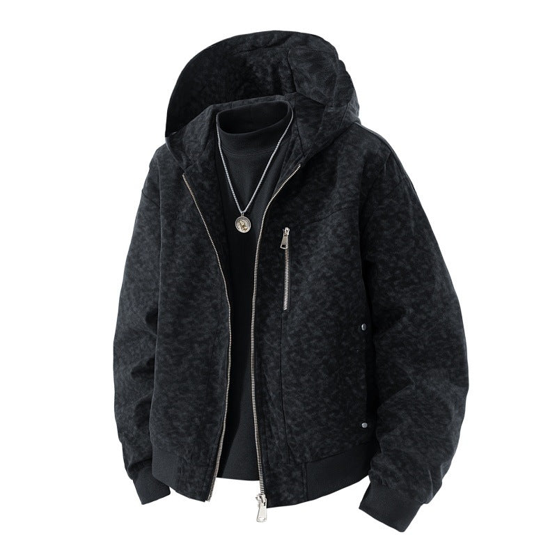 Herren Kapuzenblouson im Vintage-Suede-Look mit durchgehendem Reißverschluss und Rippenbündchen EB