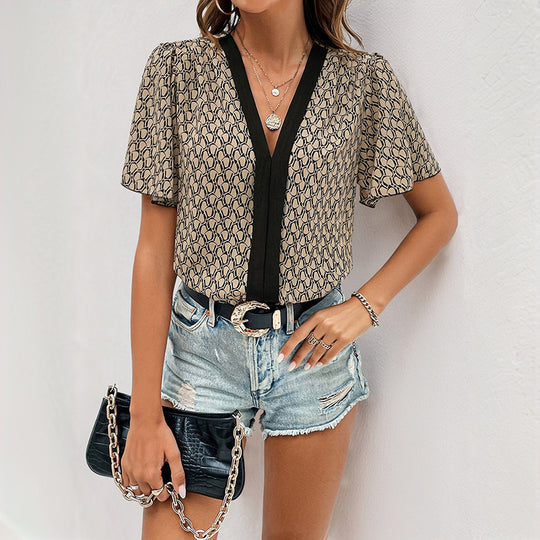 Damen modische Bluse mit V-Ausschnitt und feinem Muster EB