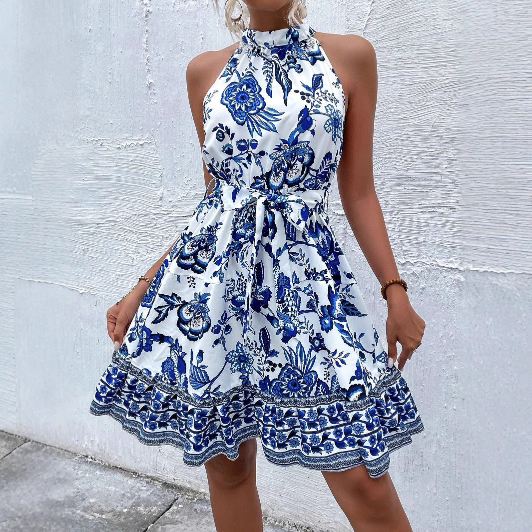 Damen Sommerliches Kragenkleid mit floralem Design und Bindegürtel EB