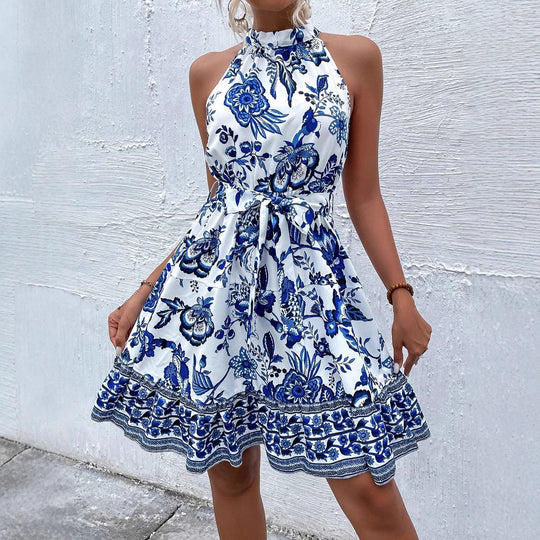 Damen Sommerliches Kragenkleid mit floralem Design und Bindegürtel EB