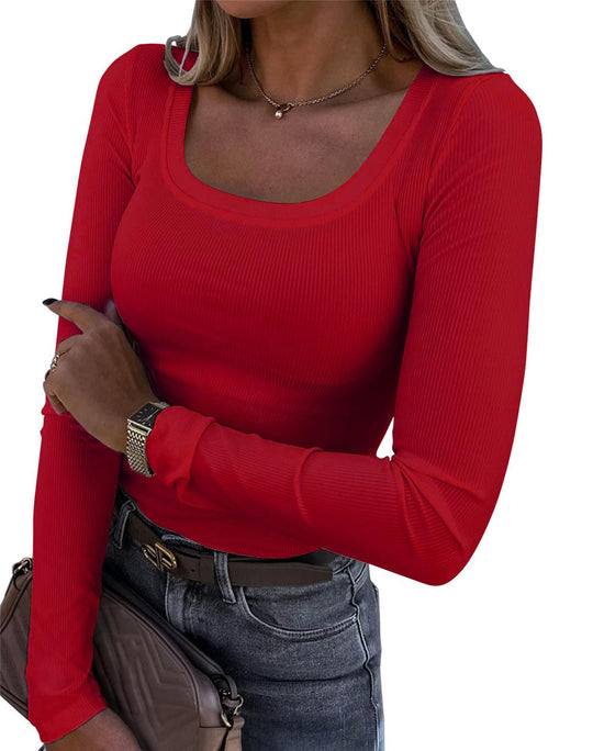 Damen Langarm Ripp-T-Shirt mit elegantem U-Boot-Ausschnitt EB