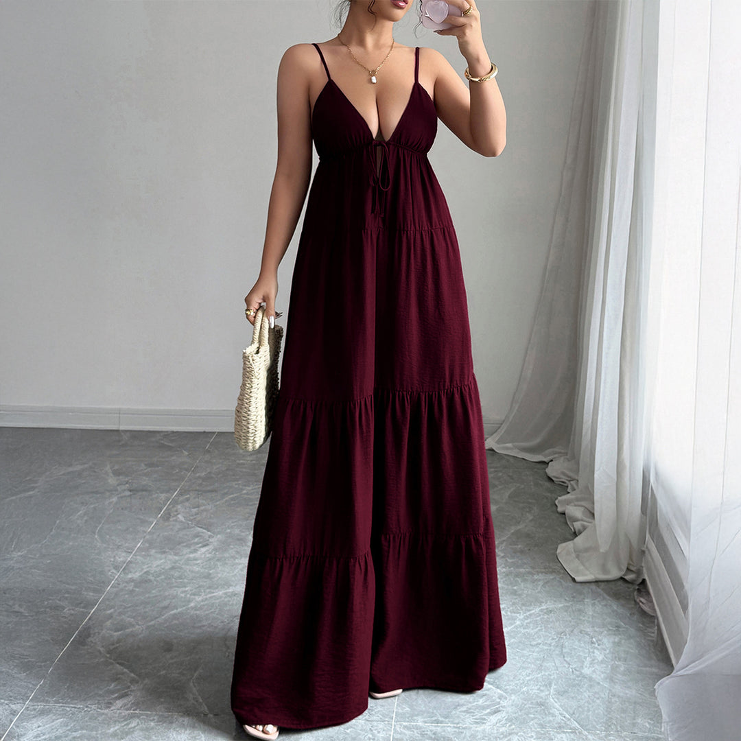 Damen Elegantes Maxikleid mit verstellbaren Spaghettiträgern und Rüschendetails EB