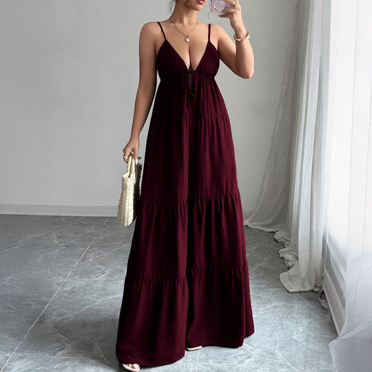 Damen Elegantes Maxikleid mit verstellbaren Spaghettiträgern und Rüschendetails EB