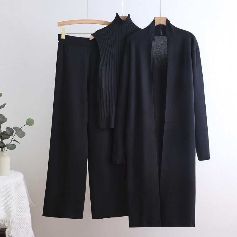 Damen gemütliches Strick-Loungewear-Set mit langem Cardigan und Rippenshirts EB