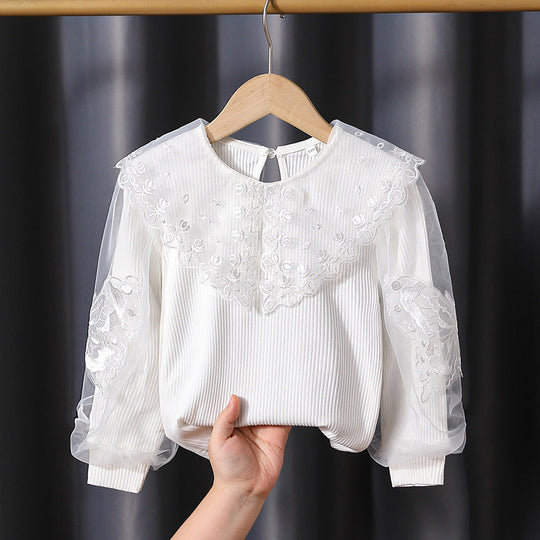Mädchen Bluse mit transparenten Puffärmeln und floralem Spitzenbesatz EB