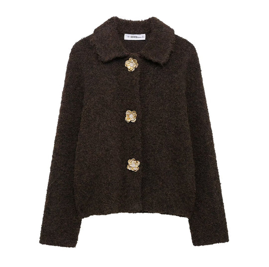 Damen Kuschelige Fluffy-Jacke mit dekorativen Knöpfen EB
