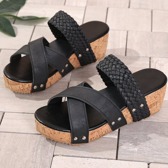 Damen Wedge-Sandalen mit geflochtenem Riemendesign und eleganter Korksohle EB