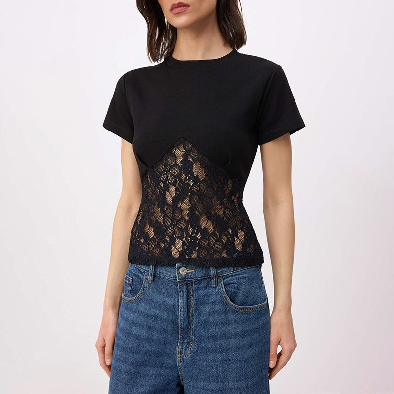 Damen Elegantes Oberteil aus Spitze und Jersey EB