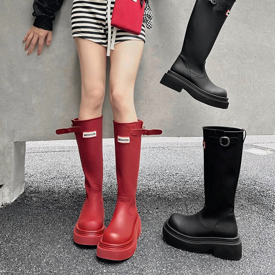 Damen Hohe Stiefel mit modischer Schnalle und komfortablem Plateau EB