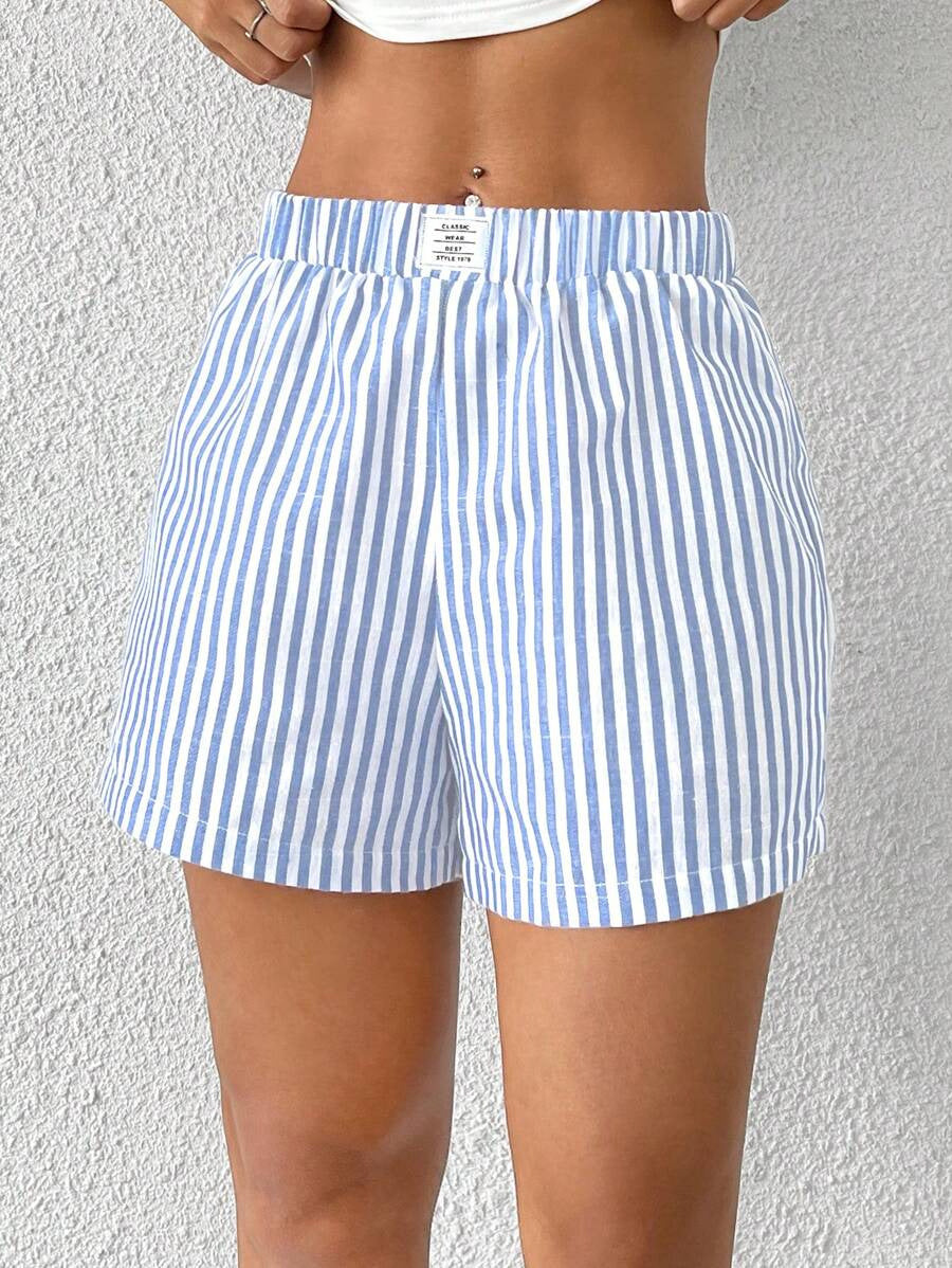 Damen gestreifte Shorts aus leichter Baumwolle mit elastischem Bund EB