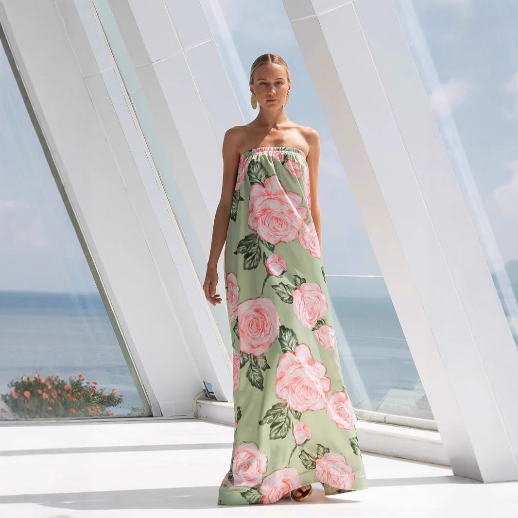 Damen Elegantes Maxikleid mit floralem Design und elastischem Oberteil EB