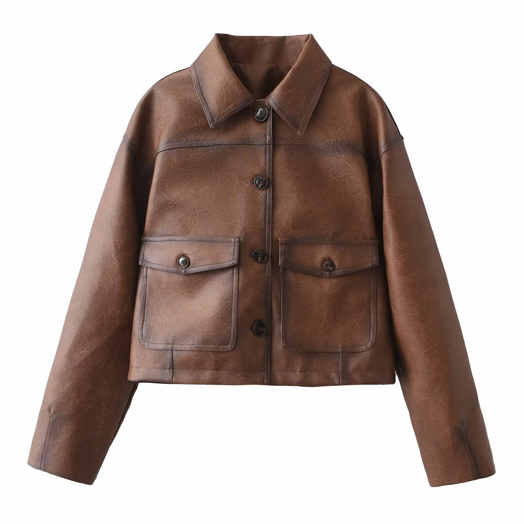 Damen Kunstlederjacke im modernen Cropped-Design mit praktischen Taschen EB