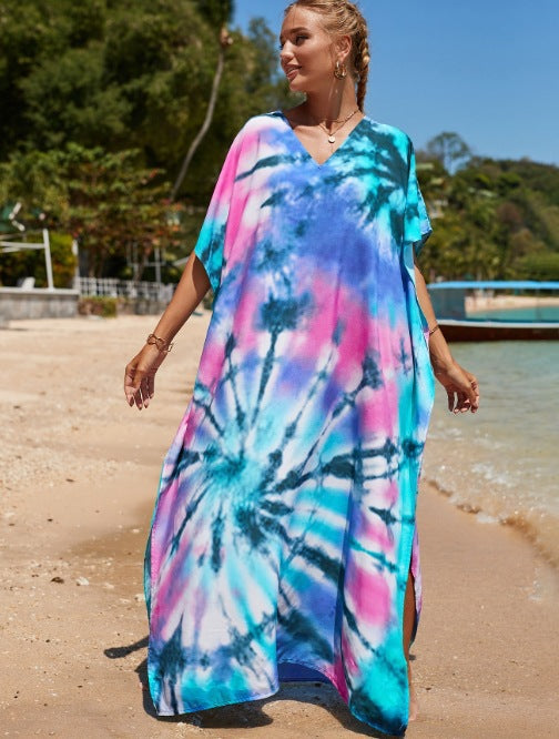 Damen Strandkleid mit V-Ausschnitt und einzigartigem Batikmuster EB