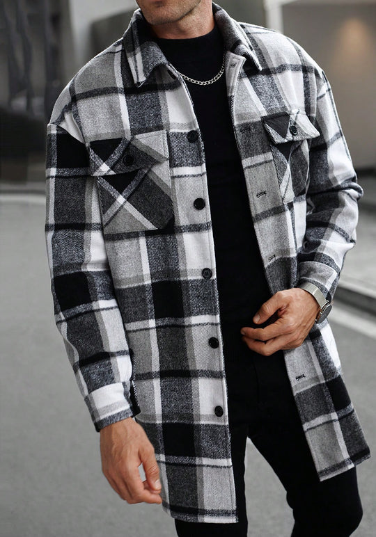Herren karierte Flanelljacke mit knöpfbaren Taschen und modernem Schnitt EB