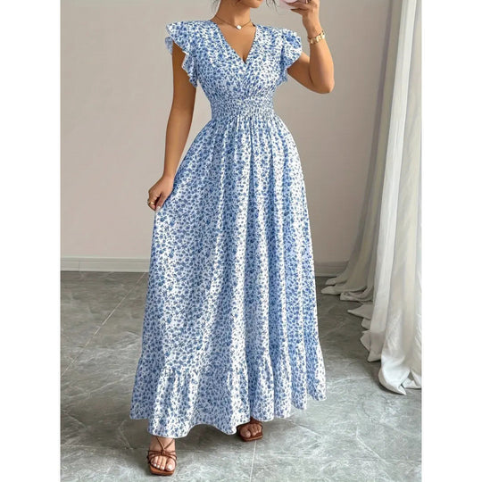 Damen Maxikleid mit floralem Rüschendesign und elastischem Taillenteil EB