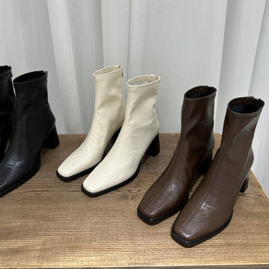 Damen Trendige Ankle Boots mit hohem Blockabsatz und edler Lederoberfläche EB