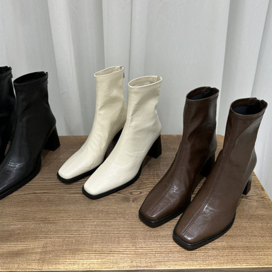 Damen Trendige Ankle Boots mit hohem Blockabsatz und edler Lederoberfläche EB