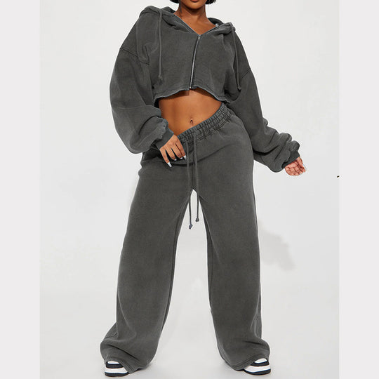 Damen nan Kapuzen-Crop-Top und weite Jogginghose Lounge-Set aus weichem Fleece EB
