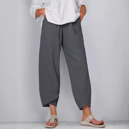 Damen nan weit geschnittene Leinenhose mit Tulpen-Saum und elastischem Bund EB