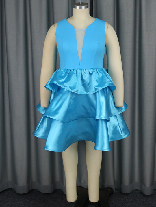 Damen Festliches Schwingendes Kleid mit Volant und Transparente Einsätze EB