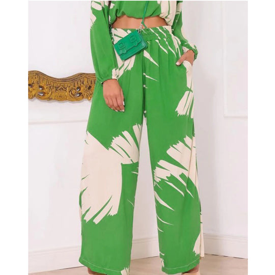 Damen Lässiges Zweiteiler-Set mit weiten Hosen und cropped Oberteil EB