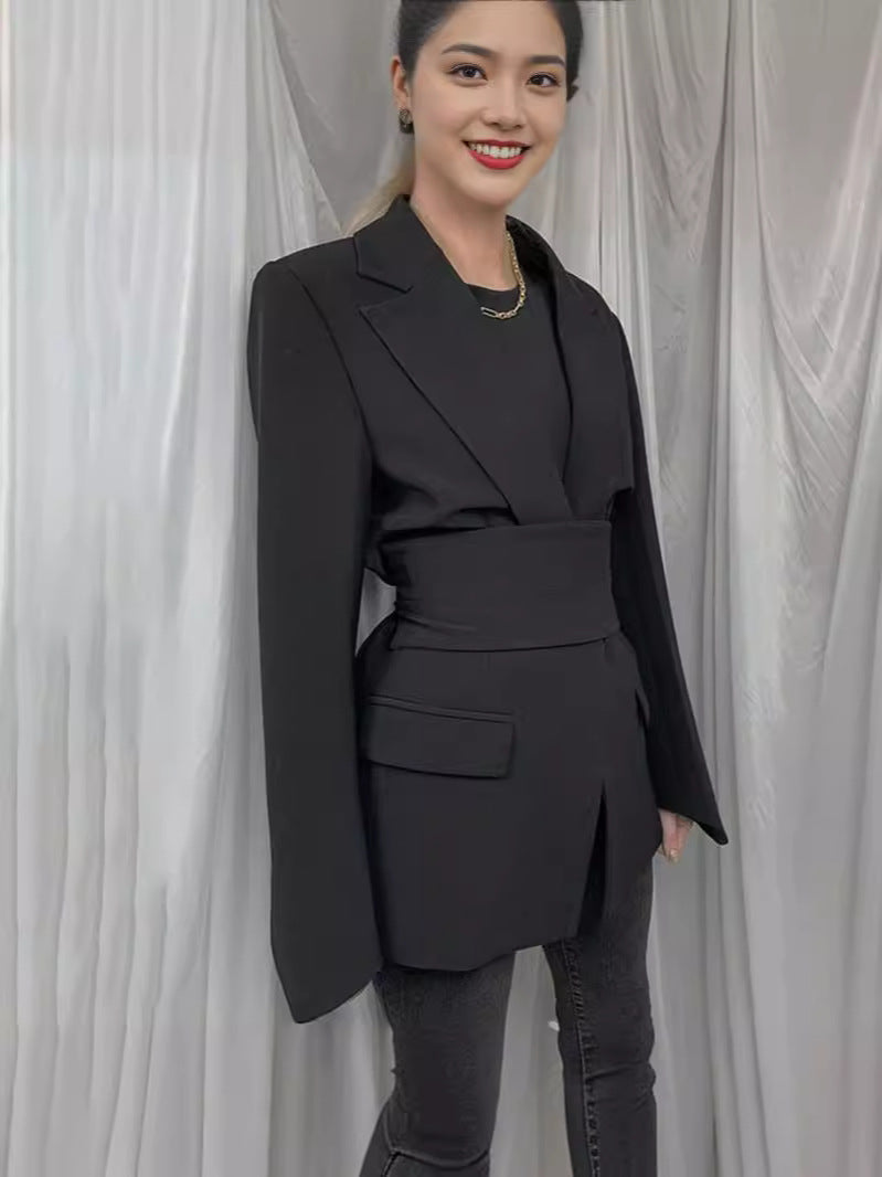 EB | Blazer Longline Tailored Fit Selbstbinder Taille Revers Taschen
