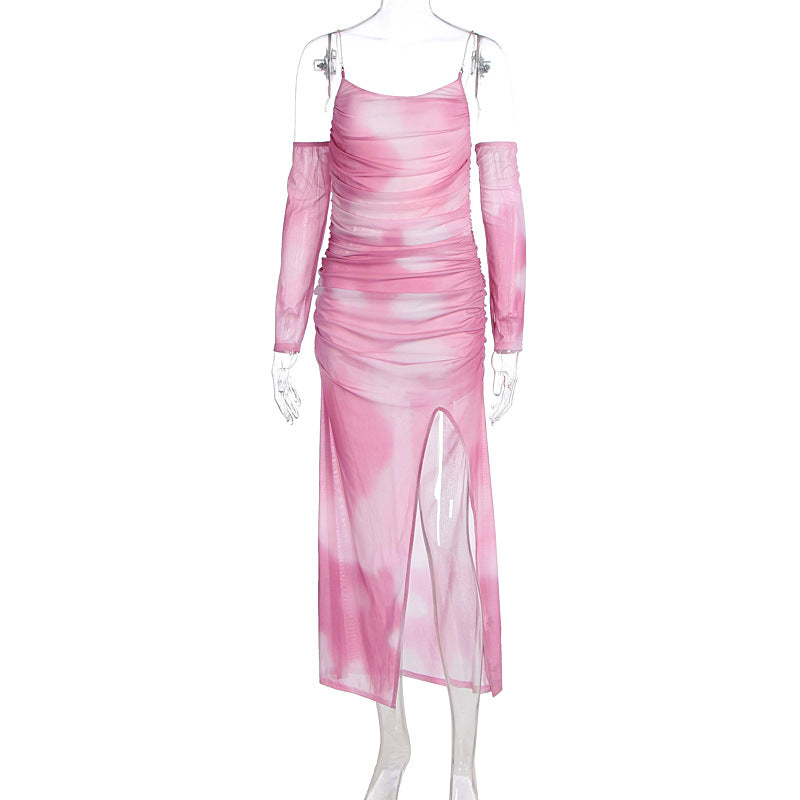 Damen Maxikleid mit raffinierten Rüschendetails und transparenten Ärmeln EB