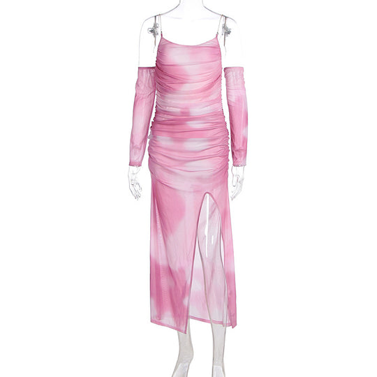 Damen Maxikleid mit raffinierten Rüschendetails und transparenten Ärmeln EB