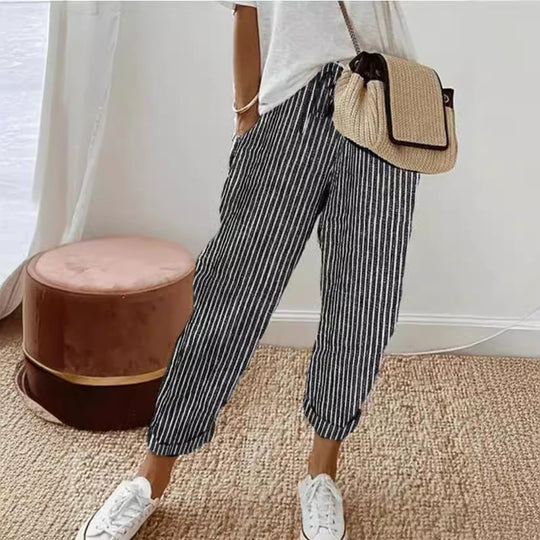 Damen lässige Streifenhose mit elastischem Bund und praktischen Eingrifftaschen EB