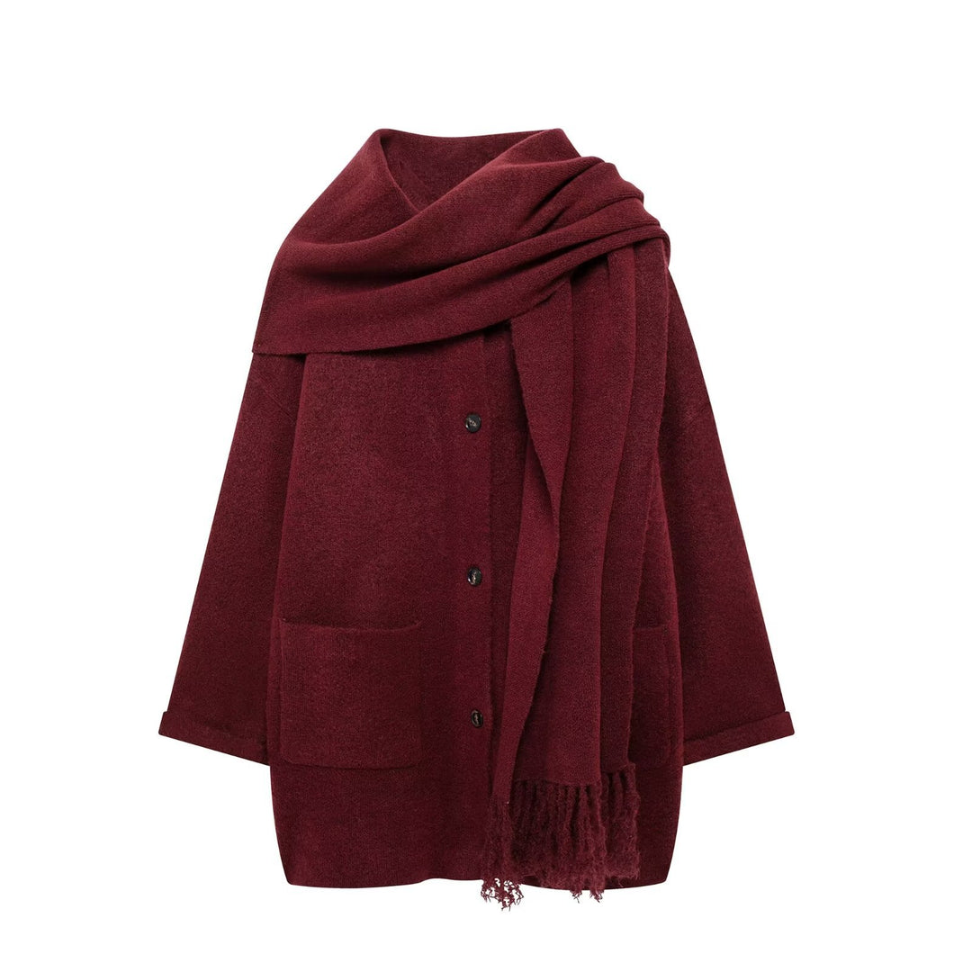 Damen stylische Strickjacke mit Schal und Knopfdetails EB