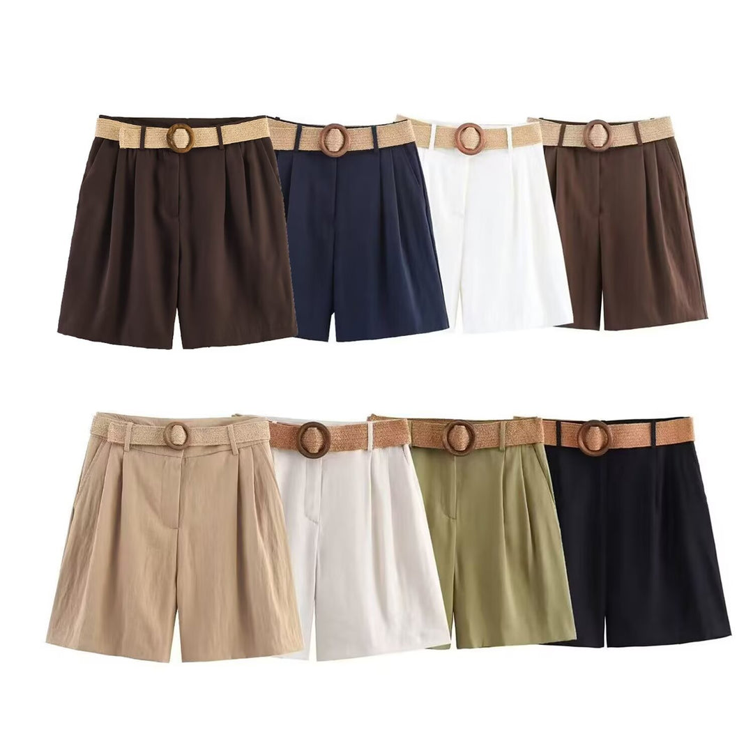 Damen elegante Shorts mit breitem, geflochtenem Gürtel EB